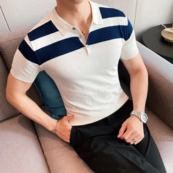 Fashion Business Male Turn-Down Shirts Summer Striped Slim Tops Pullover Men Casual Button Design Short Sleeve Polo Shirts