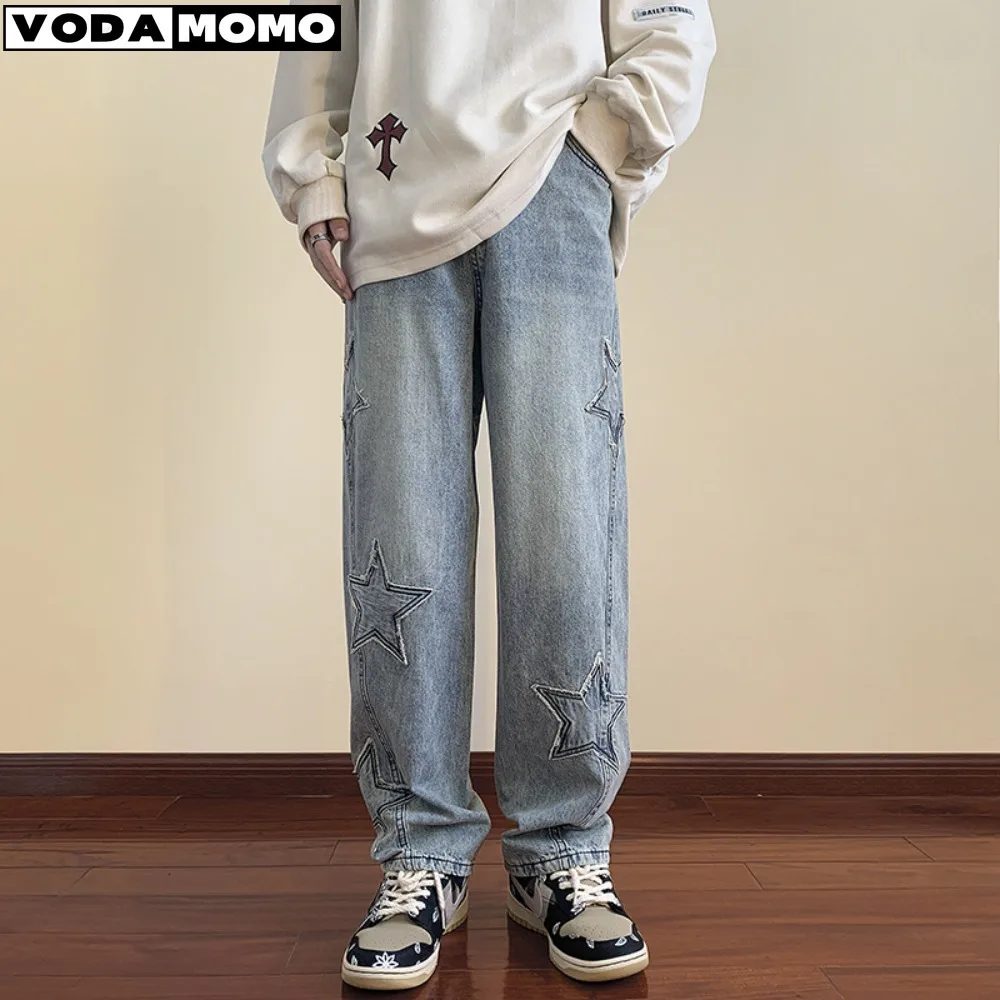 Men Clothing Summer  Star Patch Jeans Men High Street Loose Fashion Jeans Straight Leg Wide Leg Korean Edition Jeans Y2K