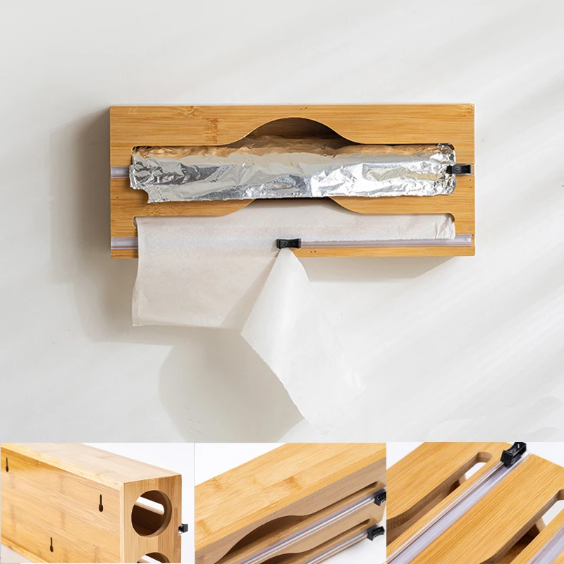 

Dual Direction Cling Film Dispenser Wooden Kitchen Tool with Foil Paper Cutter for Plastic Wrap Wax Paper Trash Bag Organization