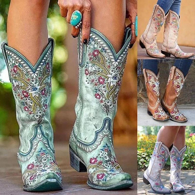 Botas de vaquero del oeste de tacón grueso de estilo étnico con remaches Retro bordados europeos y americanos, zapatos bordados de manga para mujer