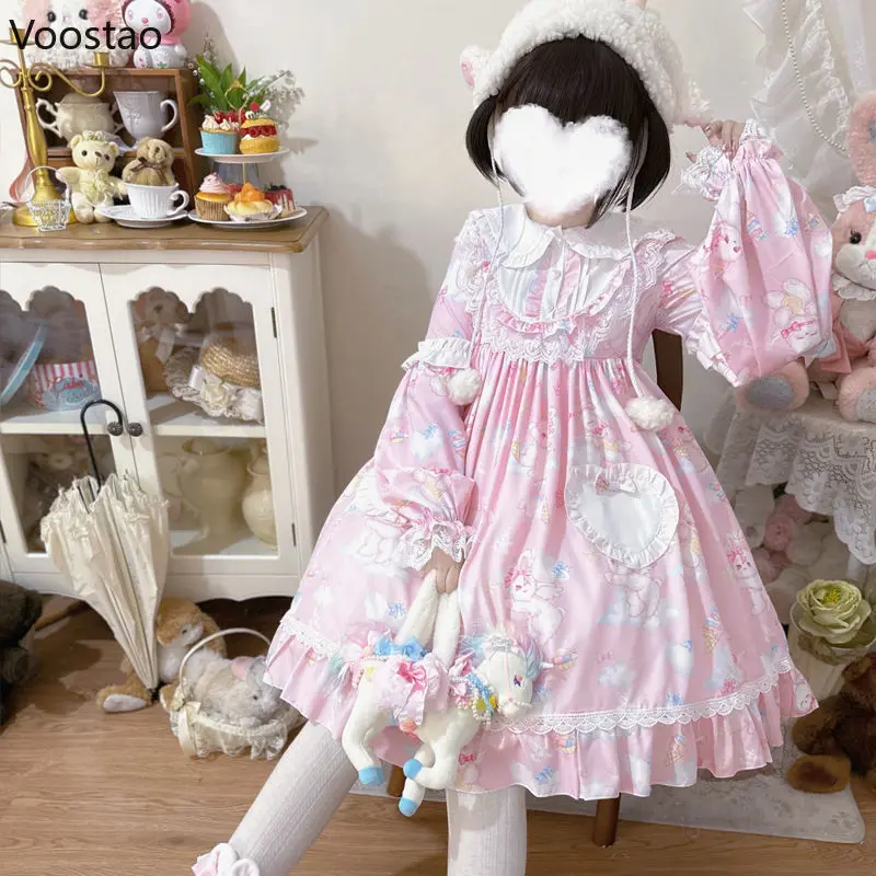 Japanse Sweet Lolita Op Dress Women Kawaii Strik Bunny Print Kanten Feestjurken Meisjes Schattige Peter Pan Kraag Jurk Met Lange Mouwen