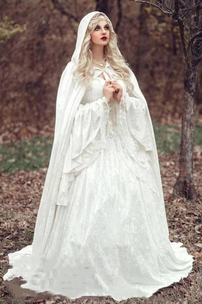 Vintage Gothic White Lace Ball Gown Wedding Dresses With Cloak Plus Size Flare Long Sleeve Medieval Customized Bridal Dress