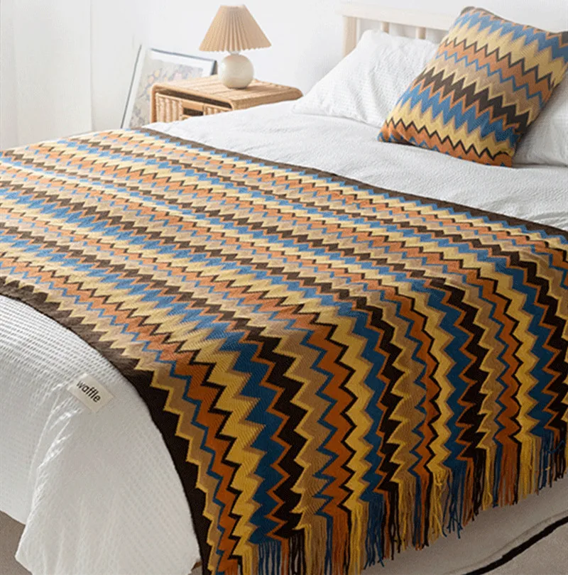 بطانية بنمط بوهيمي مع شرابات ، شال مصبوغ من الغزل ، منشفة أريكة ، بطانية بجانب السرير ، ديكور منزلي ، منقوش ، بدون غطاء وسادة