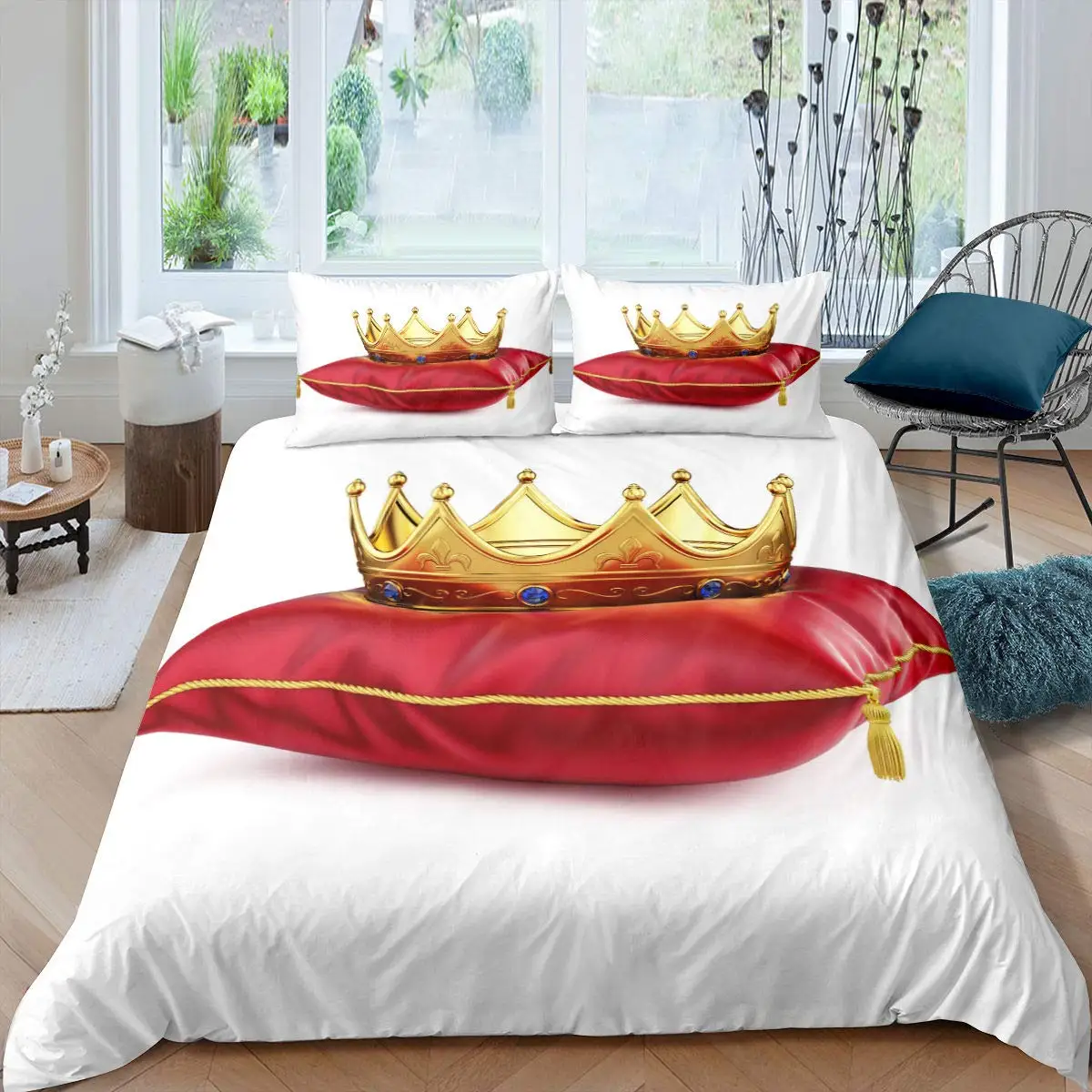 

Royal Crown Bedding Set Red Pillow Comforter Cover 3D Gold Crown Duvet Cover for Kids Boys Girls,Novelty Bedroom Decor Queen