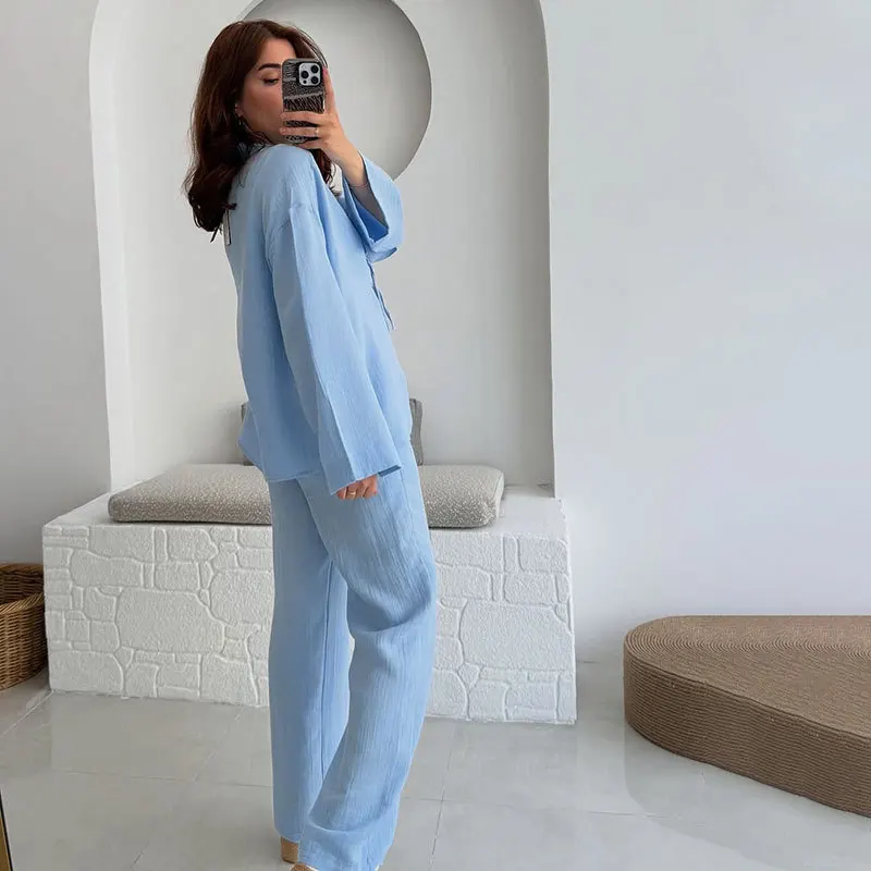 ฤดูร้อนฤดูใบไม้ร่วงผ้าฝ้าย 2 ชิ้นชุดชุดสตรี 2025 สีทึบLace-Upแขนยาวเสื้อสเวตเตอร์ถักสบายๆกางเกงขากว้างกางเกงชุด