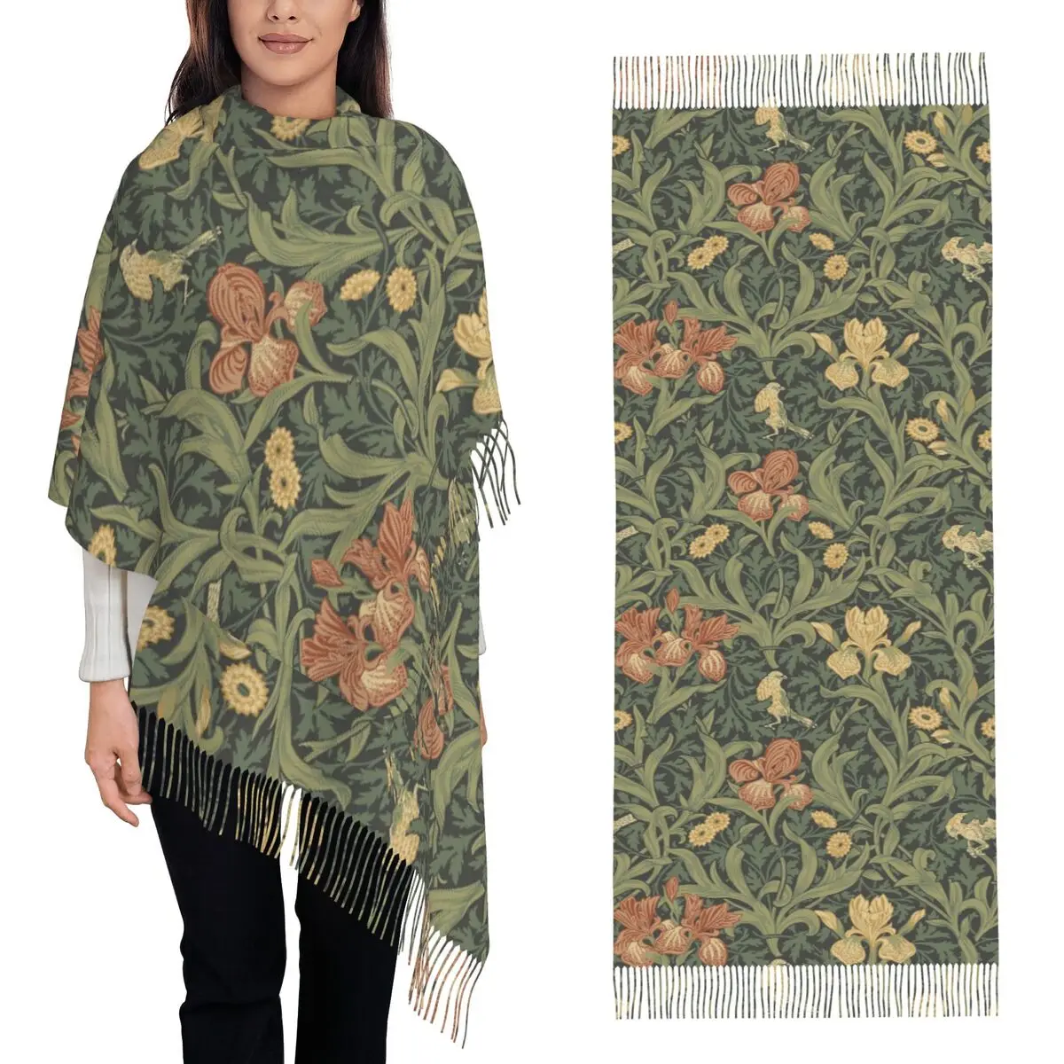 

Elegant French Iris Flowers Scarf Tassel Scarves for Women Soft Warm Shawls and Wraps Large Fall Winter Shawl Wrap