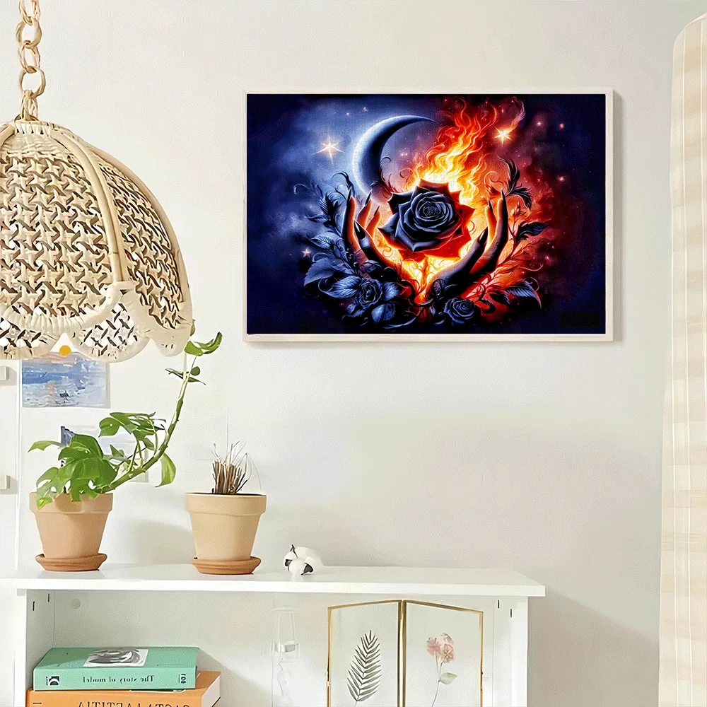 Dark Rose with Flames & Moon Scene Jigsaw Puzzle Adult Gothic Fantasy Theme Intellectual Game Home Leisure Decorative Puzzle Toy