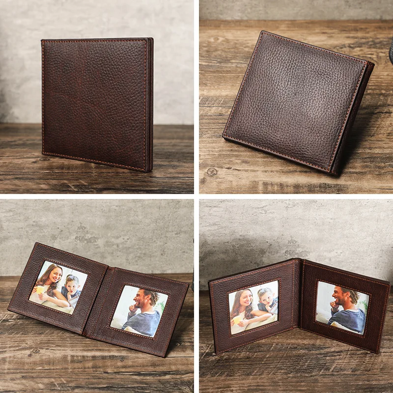Handcrafted Full-grain Cowhide Foldable Photo Frame Portable Desktop Display Stand for Office Photo Holder