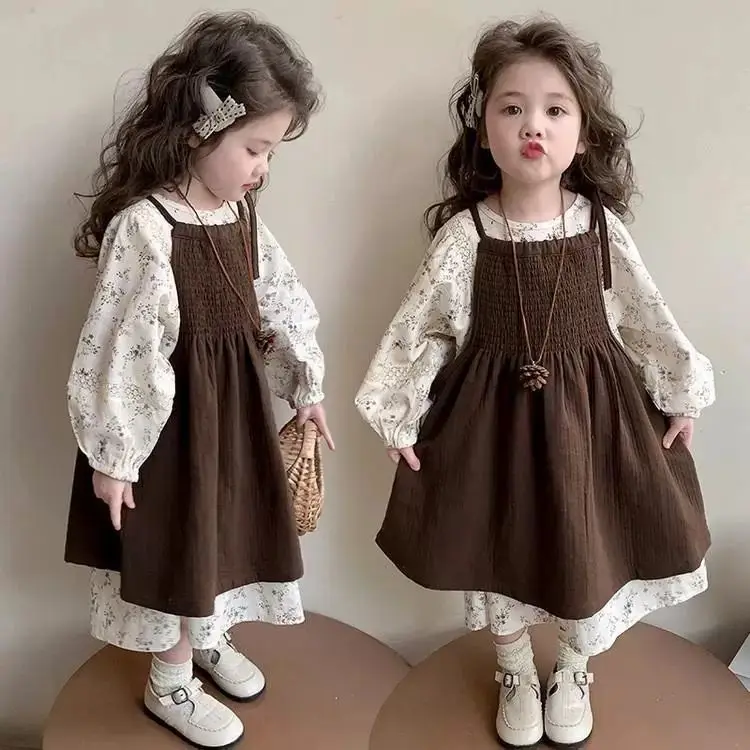 2026 New Early Fall Girls' Floral Dress Set Korean Style 2-Piece Jumper + Top Trendy Toddler Sundress Cute Ruffle Sleeve Outfit