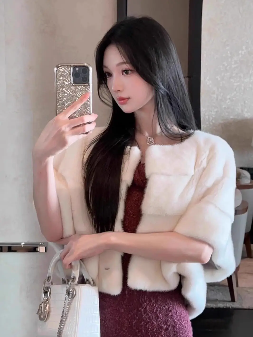 Clothland Women Sweet Fur Cape Shawl Half Sleeve Crop Top Female Outwear Fur Jacket Coat CB433