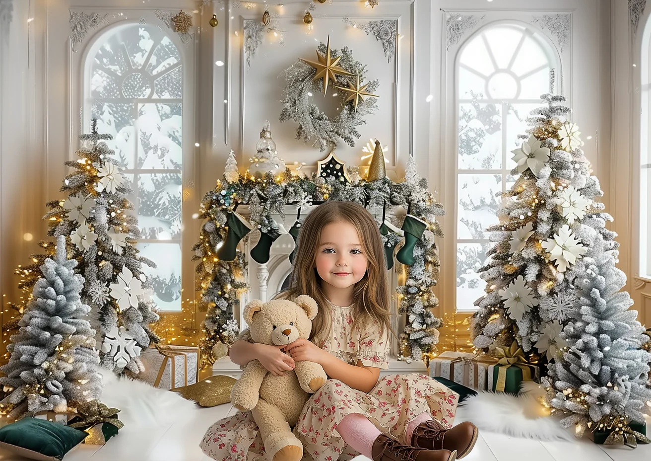 Pano De Fundo De Lareira De Natal, Árvores De Natal, Acentos De Ouro, Janela Presentes, Flores, Guirlandas De Neve Fundo, Estúdio De Foto, Fotocall