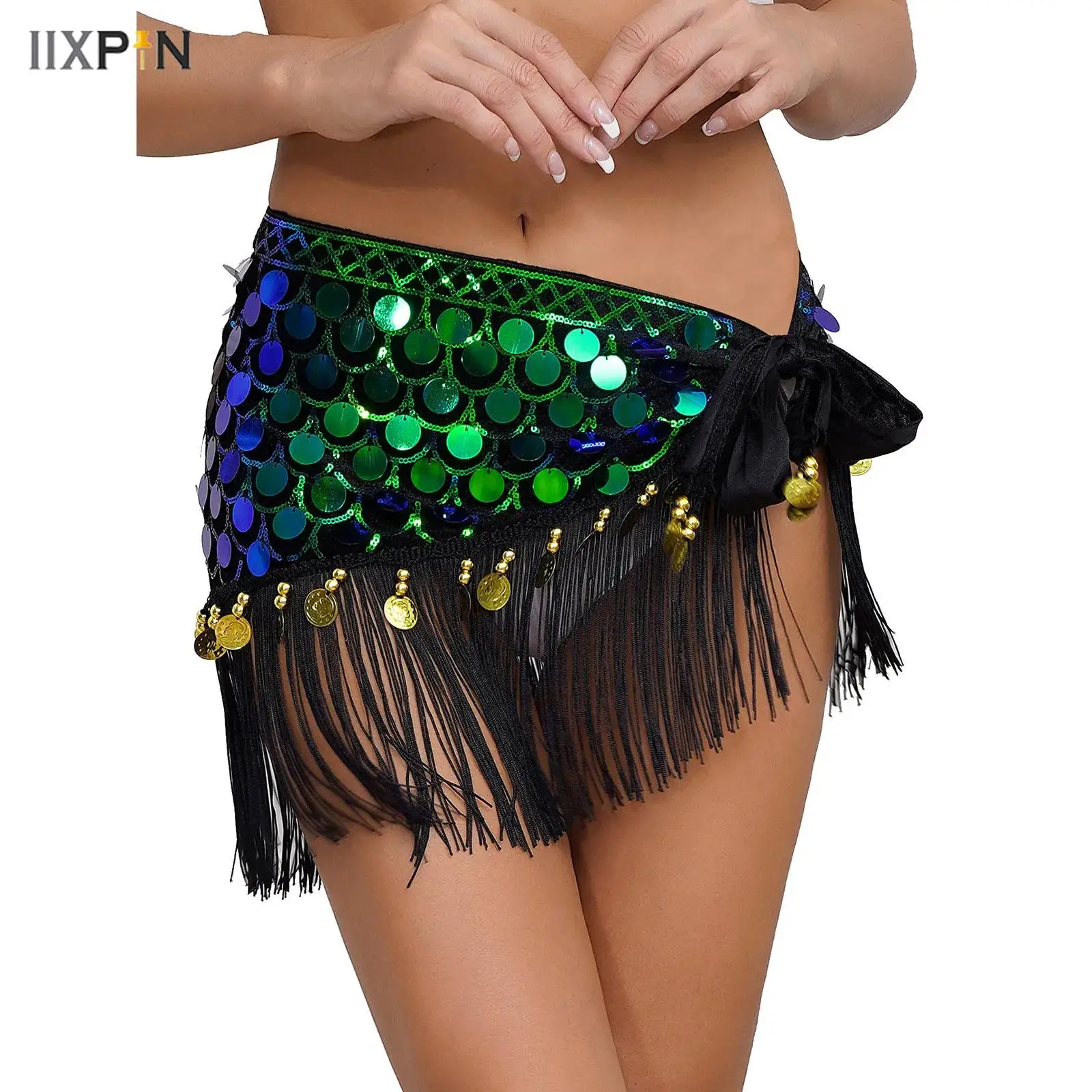 

Womens Belly Dance Lace-Up Hip Skirt Halloween Mermaid Cosplay Dance Costumes Fishscale Sequin Beads Fringe Hip Scarf Wrap Skirt