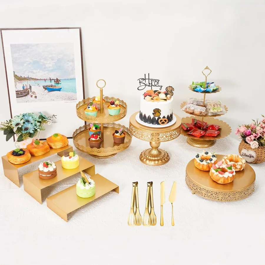 

Gold Cake Stand Set - 9pcs Metal Dessert Table Display Set for Party, Vintage Candy Table Display Sets for Wedding Birthday Baby