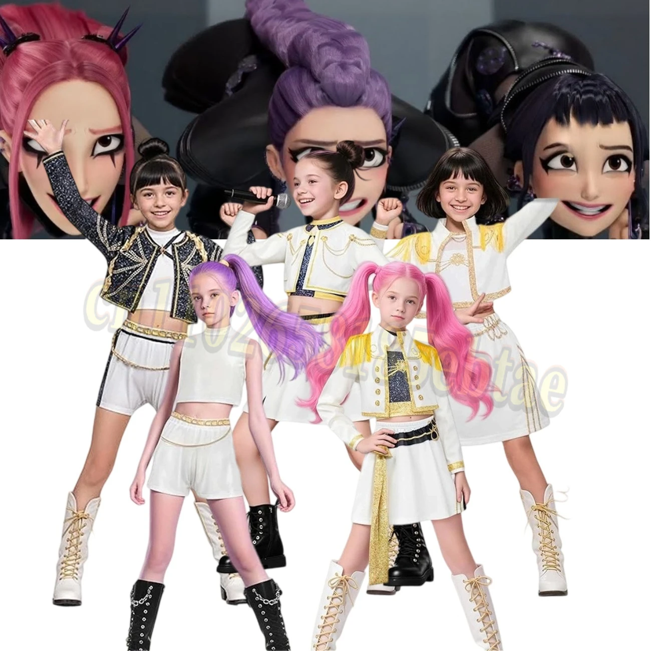 

New Girls Huntrix Zoey Rumi Mira Cosplay White Black Costume Suit K-Pop Demon Hunters Child Halloween Party Xmas Carniva Suit