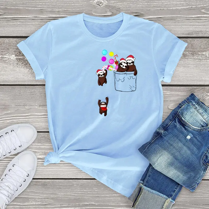 

Merry Slothmas Graphic T Shirt Women Family Clothing Christmas Sloth Pocket Vintage Women T Shirts Oversized Unisex Tops Tees