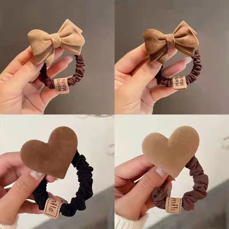 Cute Bow Knot Heart Hair Tie Solid Color Khaki Coffee Plush Hair Bands Women Girls High Elastic Rubber Ponytail Scrunchies