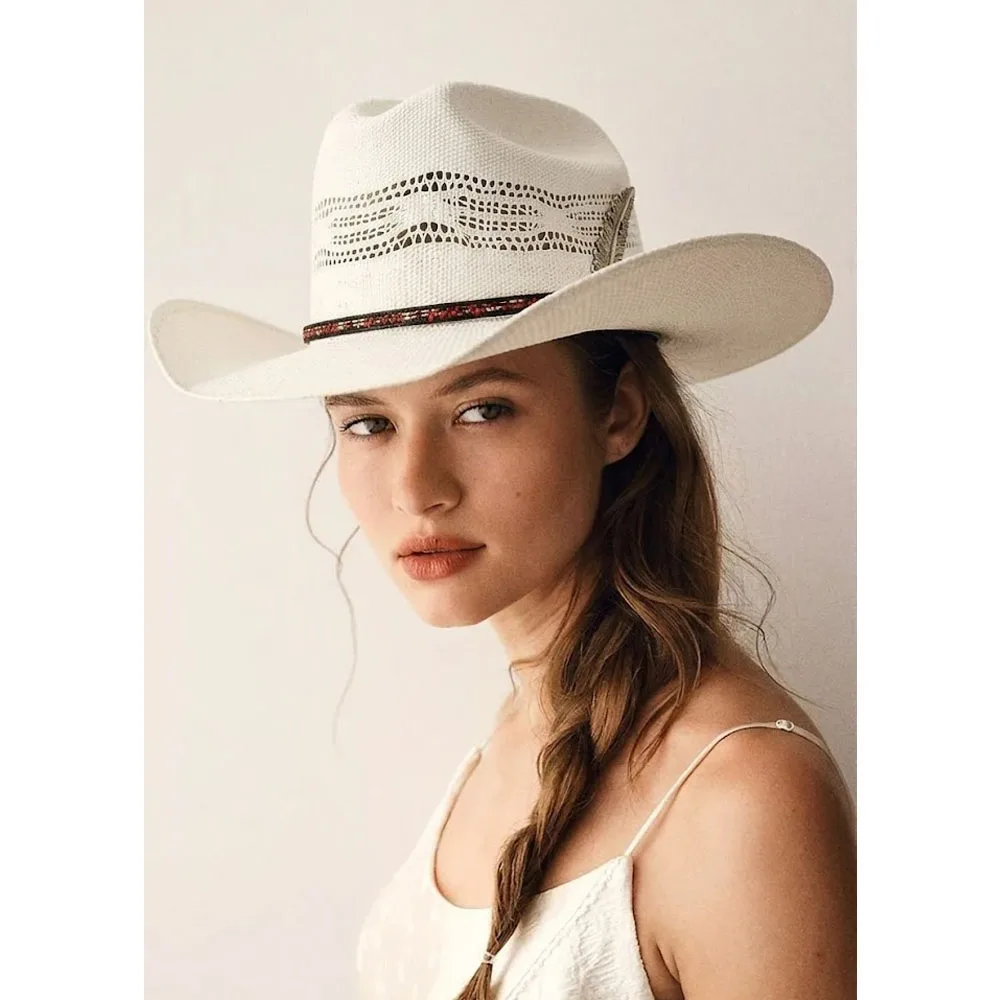 Chapéu de cowboy de palha branca, chapéu de verão com proteção solar para homens e mulheres, chapéu de verão casual para áreas externas, chapéu de palha de praia, chapéu de cowboy da moda