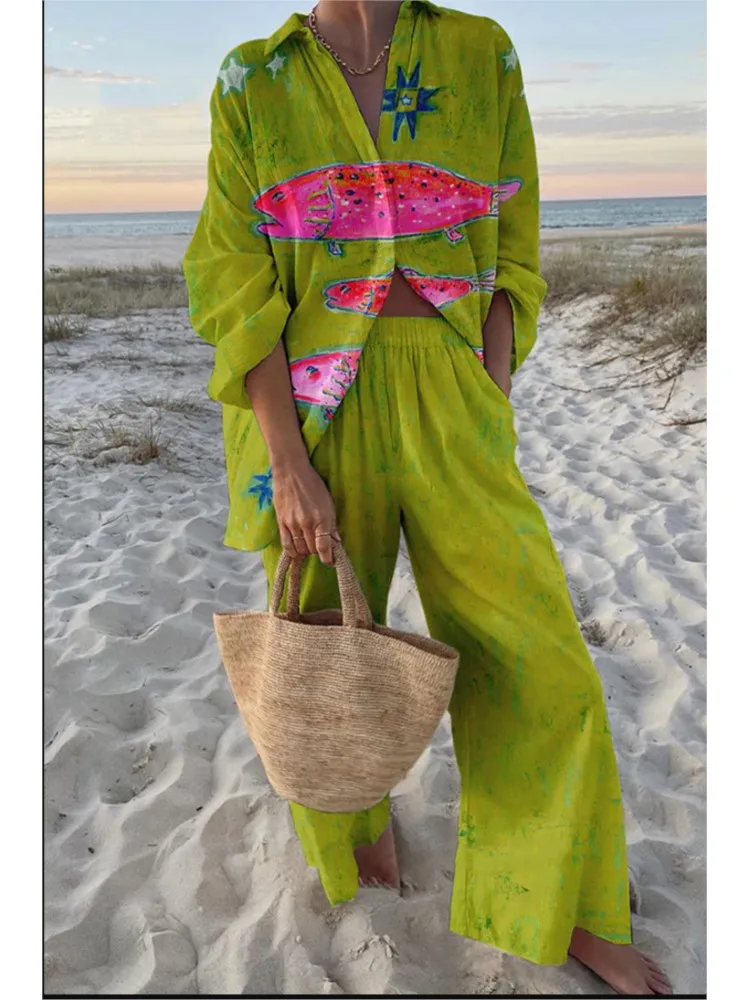 

Casual Boho Print Set For Women Fashion Long Sleeve Tops High Waist Wide Leg Pants Two Piece Sets Lady Holiday Womens Clothing