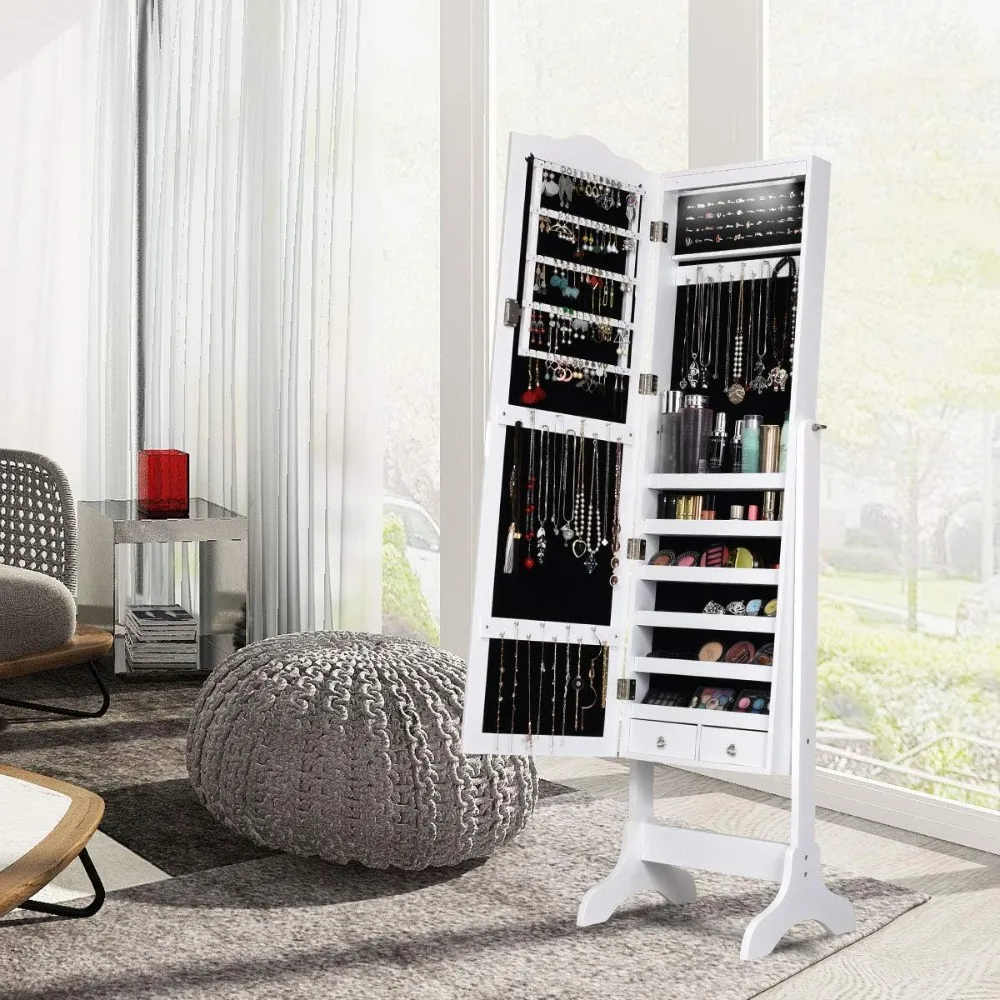 

Jewelry Armoire Organizer with Full Length Mirror, 14 LEDs Floor Standing Jewelry Cabinet with 2 Drawers, 4 Adjustable Angles