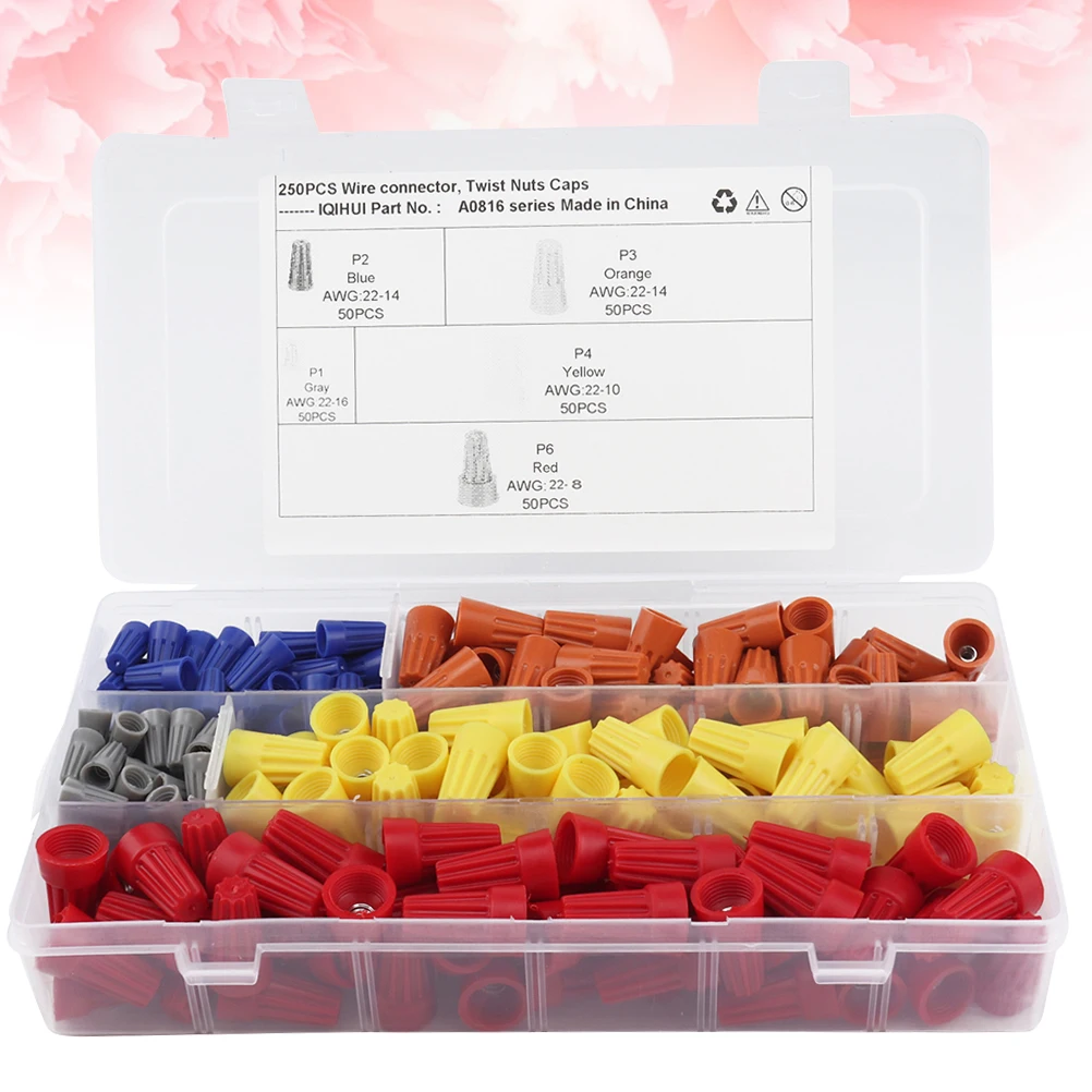 

250 Pcs Wire Connector Set Nuts Cap Screw Terminal Spring Insert Boxed Electrical