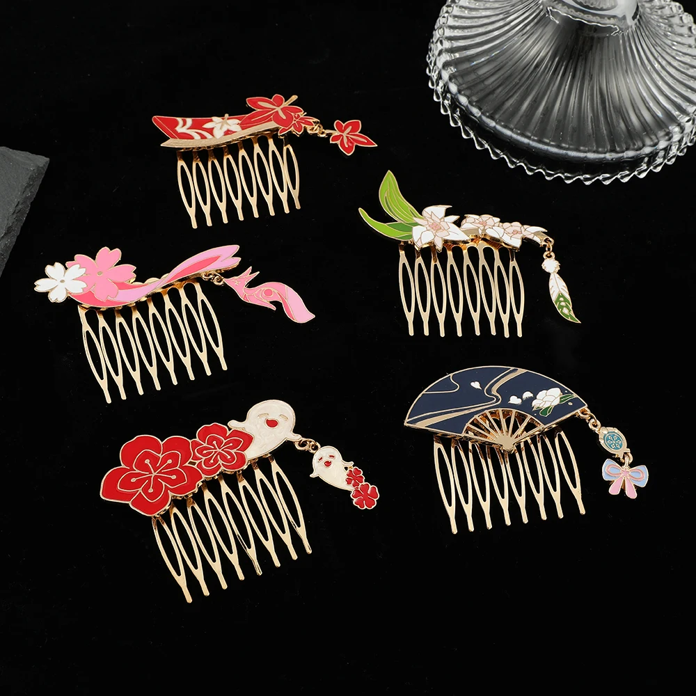 Game Anime Genshin Impact Tassel Elegant Hair Comb Fan & Maple Leaf Modeling Hair Pins Hair Accessories Chinese Style Headdress