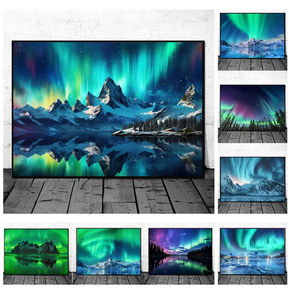 مطبوعات ملصقات مناظر طبيعية للشفق القطبي ، لوحة قماشية ، أضواء قطبية شمالية ، طبيعة ، ديكور منزلي ، فن جداري #1