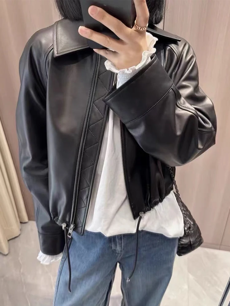 2025 ผู้หญิงฤดูใบไม้ผลิสายรัดสีดําหนังแกะแท้เสื้อแจ็คเก็ตฤดูใบไม้ร่วงหลวมจริงหนัง Overcoat