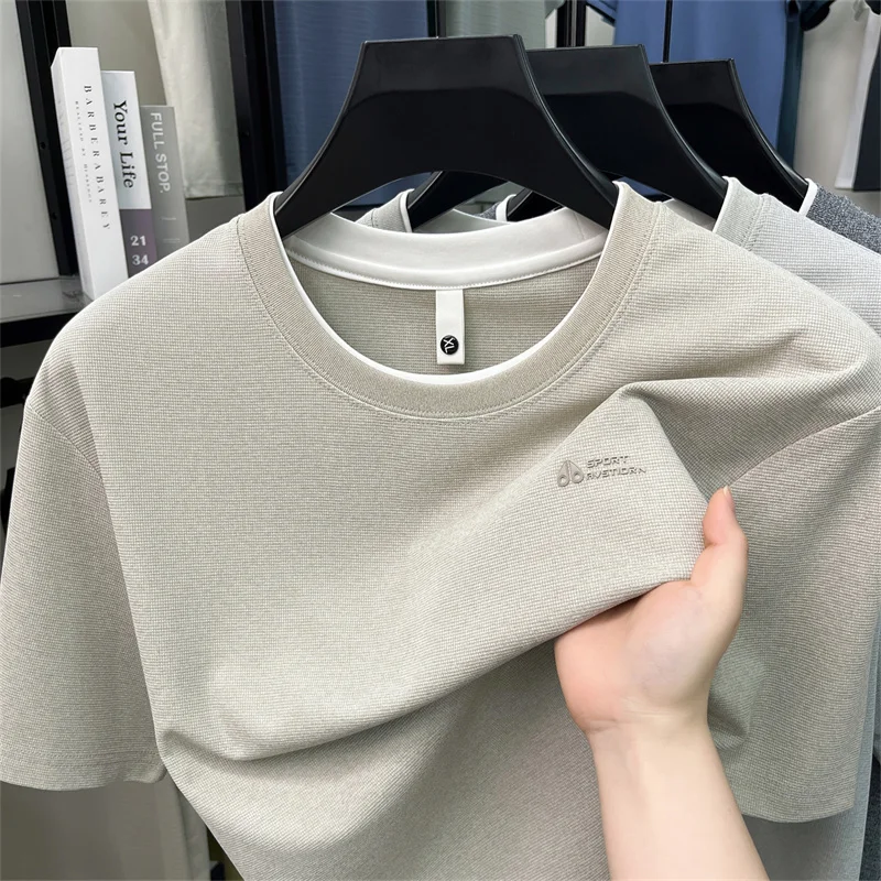 Fashion brand short sleeve summer T-shirt men's luxury letter embossed breathable casual personality double-layer round neck top