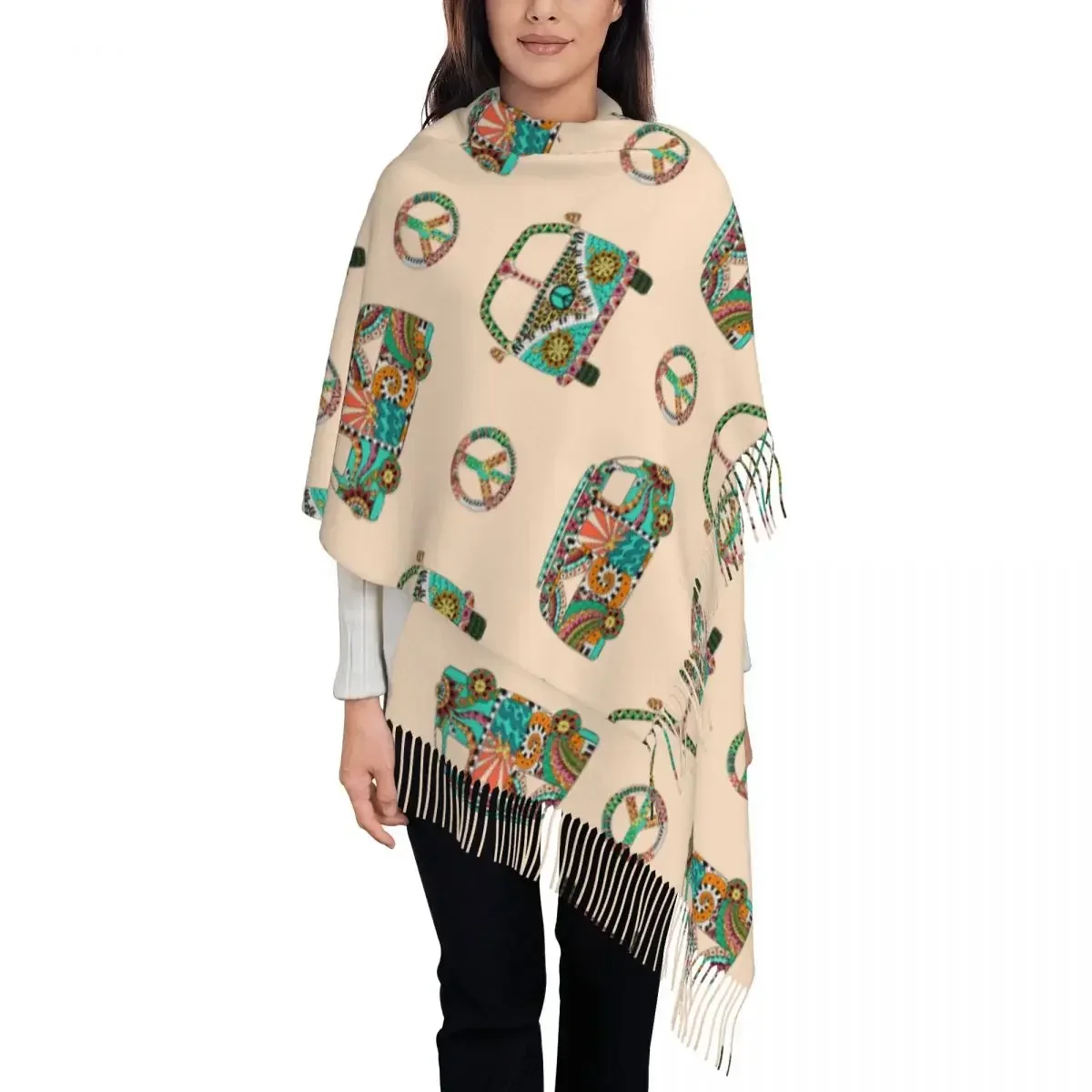 

Colorful Hippie Bus And Symbol Peace Womens Warm Winter Infinity Scarves Set Blanket Scarf Pure Color