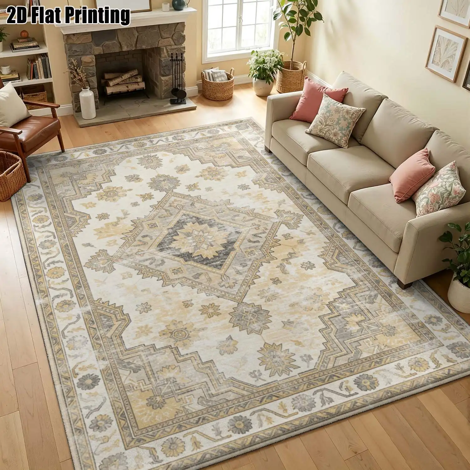 1Pc 2D Printed Carpet: Red-Brown Retro Floral European Style, Home Decor, Multi-Size, Machine Washable, Multi-Scene Use