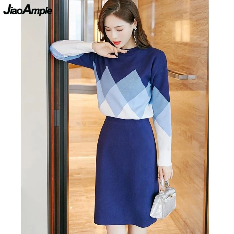 

Knitwear Matching Sets for Women Autumn Winter Korean Casual Plaid Blue Sweater Pullovers Skirts 2 Piece Suits 2023 New Outfits