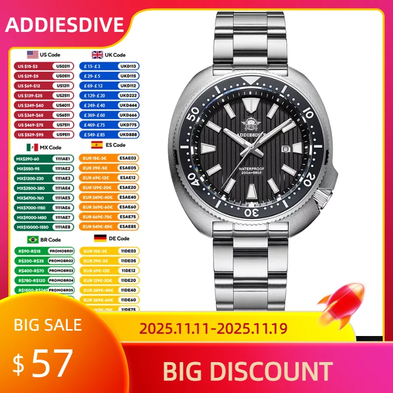 

ADDIESDIVE NEW Watch For Men Stainless Steel Sapphire Glass 200m Waterproof Dive Quartz Watches BGW9 Super Luminous Dress AD2507