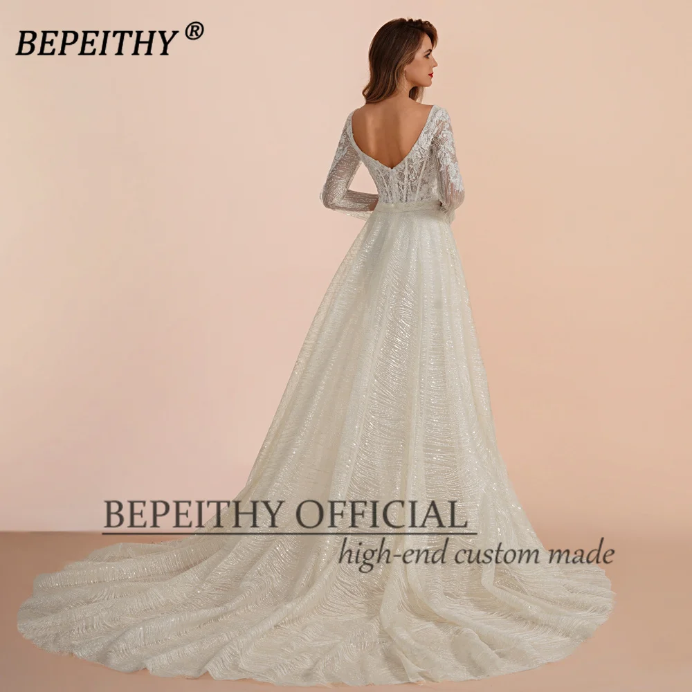 BEPEITHY-vestido de noche de encaje personalizado, ocasión Formal con mangas completas para mujer, vestido de fiesta de cola de corte cuadrado, gran oferta 2023