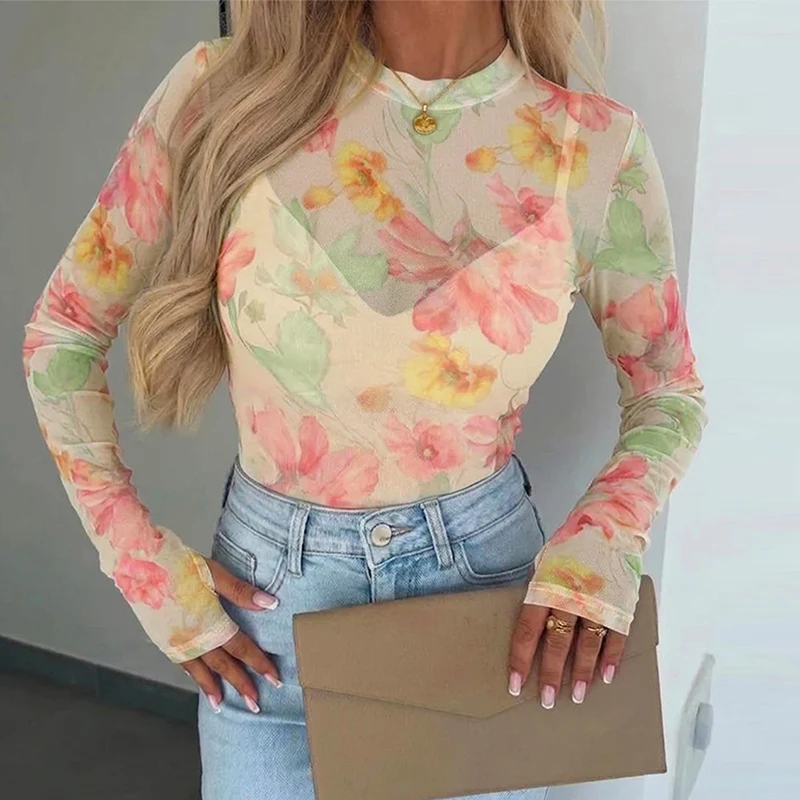 New Elegant Women T-Shirts O Neck See-through Slim Lady Tops Spring Autumn Flower Printed Shirts Fashion Elastic Holiday Tee