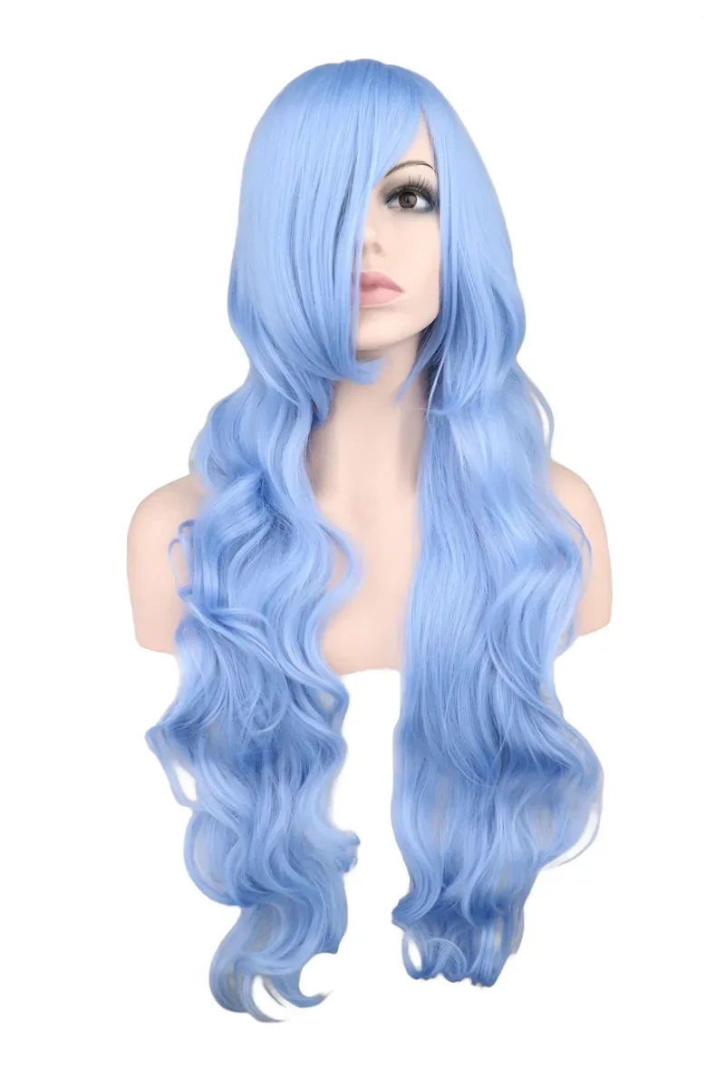 QQXCAIW Long Wavy Cosplay Wig Women Men Party Light Blue 80 Cm Synthetic Hair Wigs