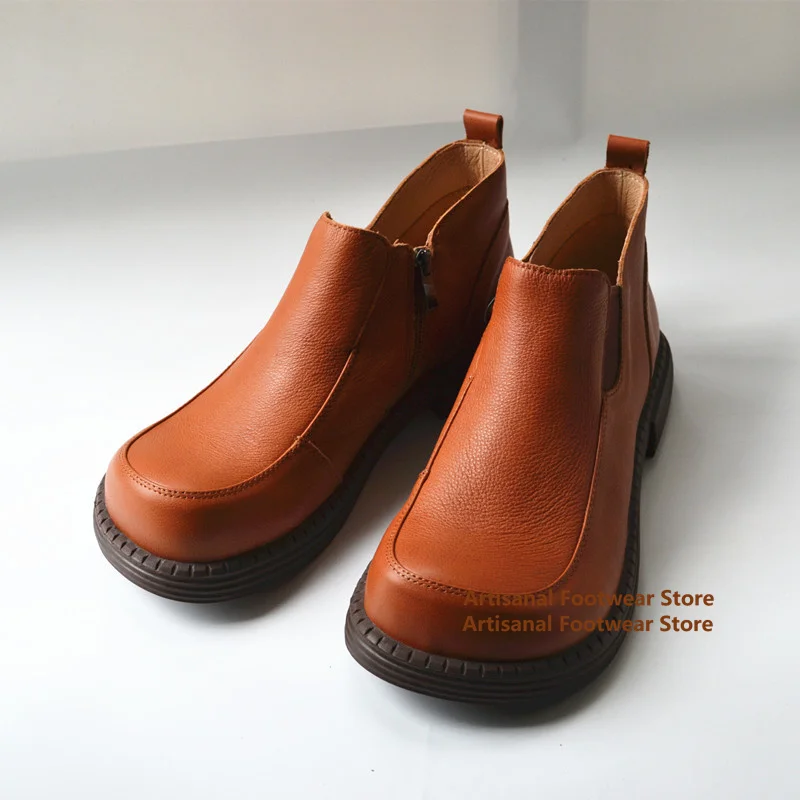 

Cowhide Big Toe Derby Shoes Men's Genuine Leather Boots Side Zipper Brown/black Leather Casual Shoes Trendy Handmade Men's Shoes