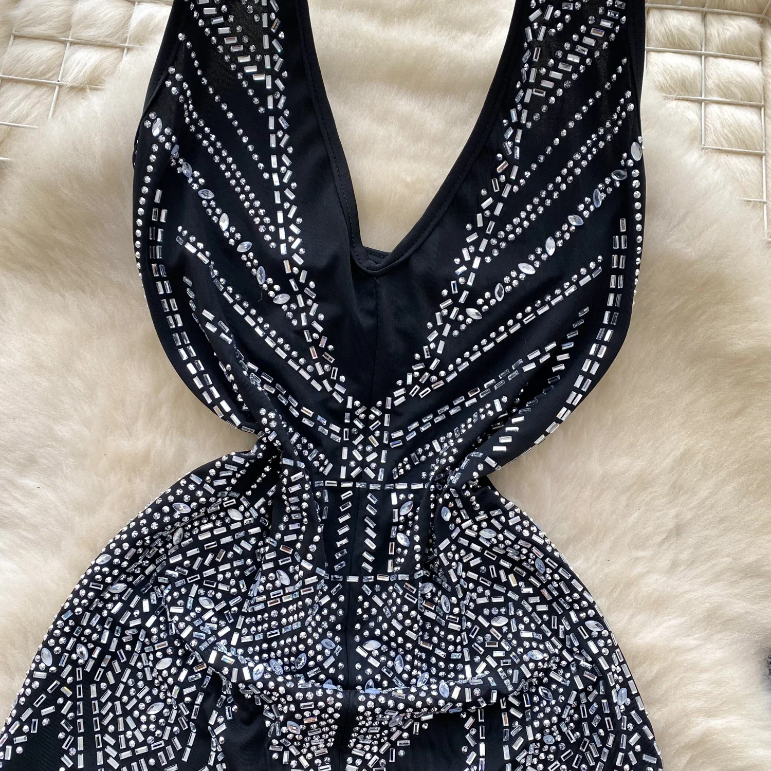 Hotsweet Halter Deep V-neck Sleeveless Sexy Backless Rhinestone Slim High Street High Waist Short Pants Summer Women Playsuits