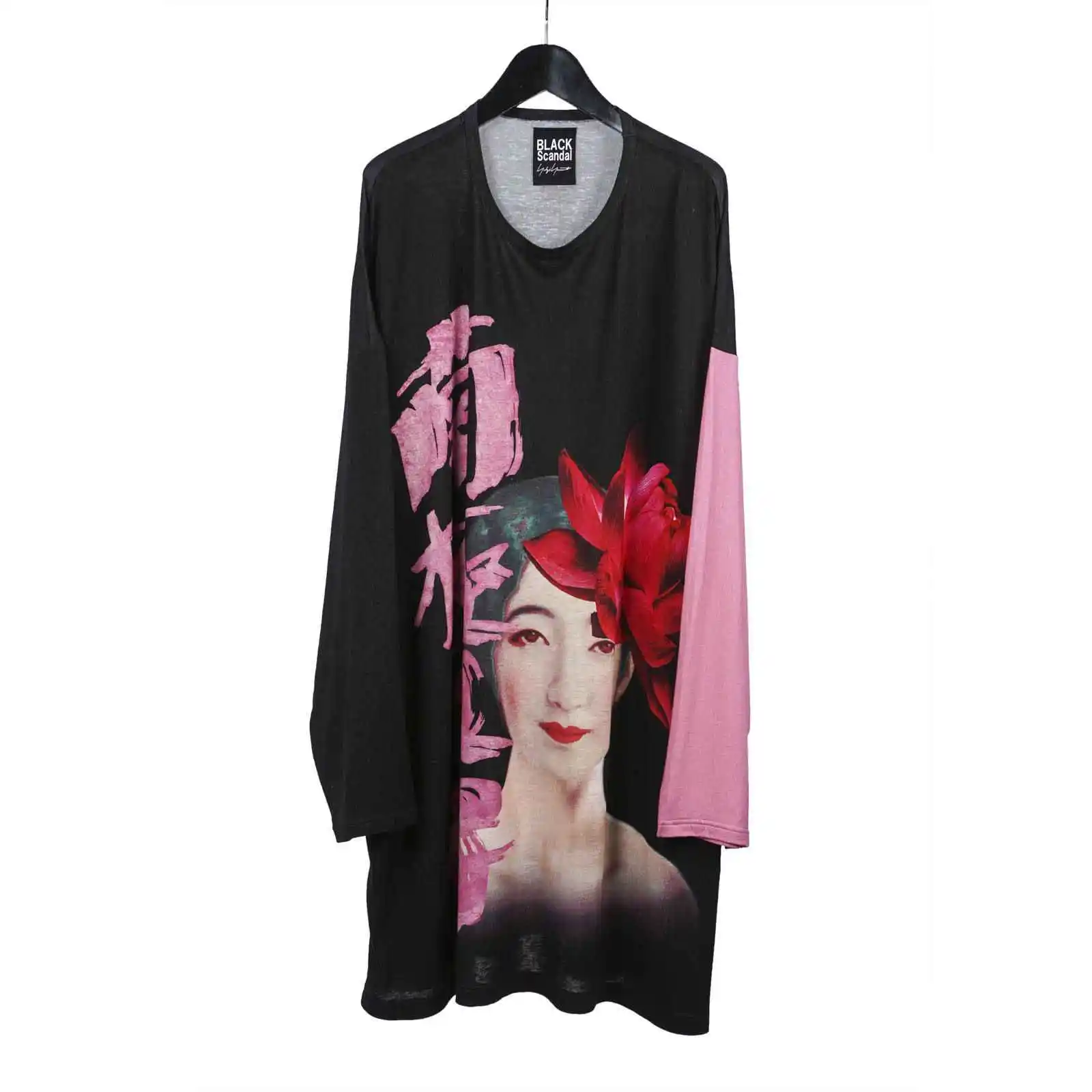 TOP-YAMAMOTO Japanese Original Design Black Long-Sleeved Linen Crewneck Printed T-Shirt Dark Minority Men