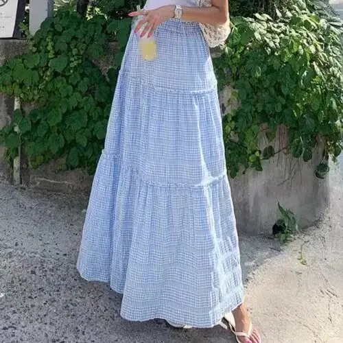 

Женская летняя плиссированная юбка-трапеция с высокой талией в клетку, из хлопка, свободного кроя, в студенческом стиле