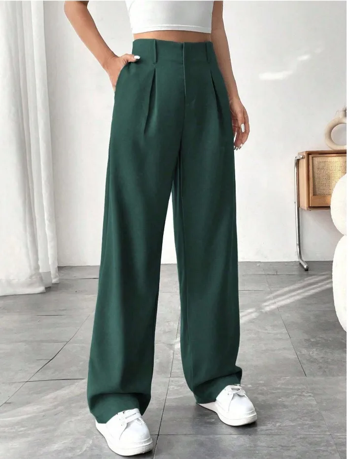 Damen High-Waist Straight-Leg Hosen Slim Fit Einfarbige Plissierte Anzughosen mit Taschen Büro Klassische Freizeithosen – Detail 6