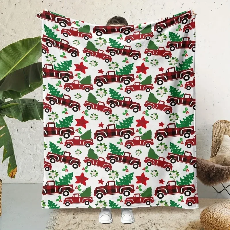 1 Christmas Pattern Blanket - Soft and Warm Flannel Cover with Red Truck Green Trees and Stars on a White Background Design