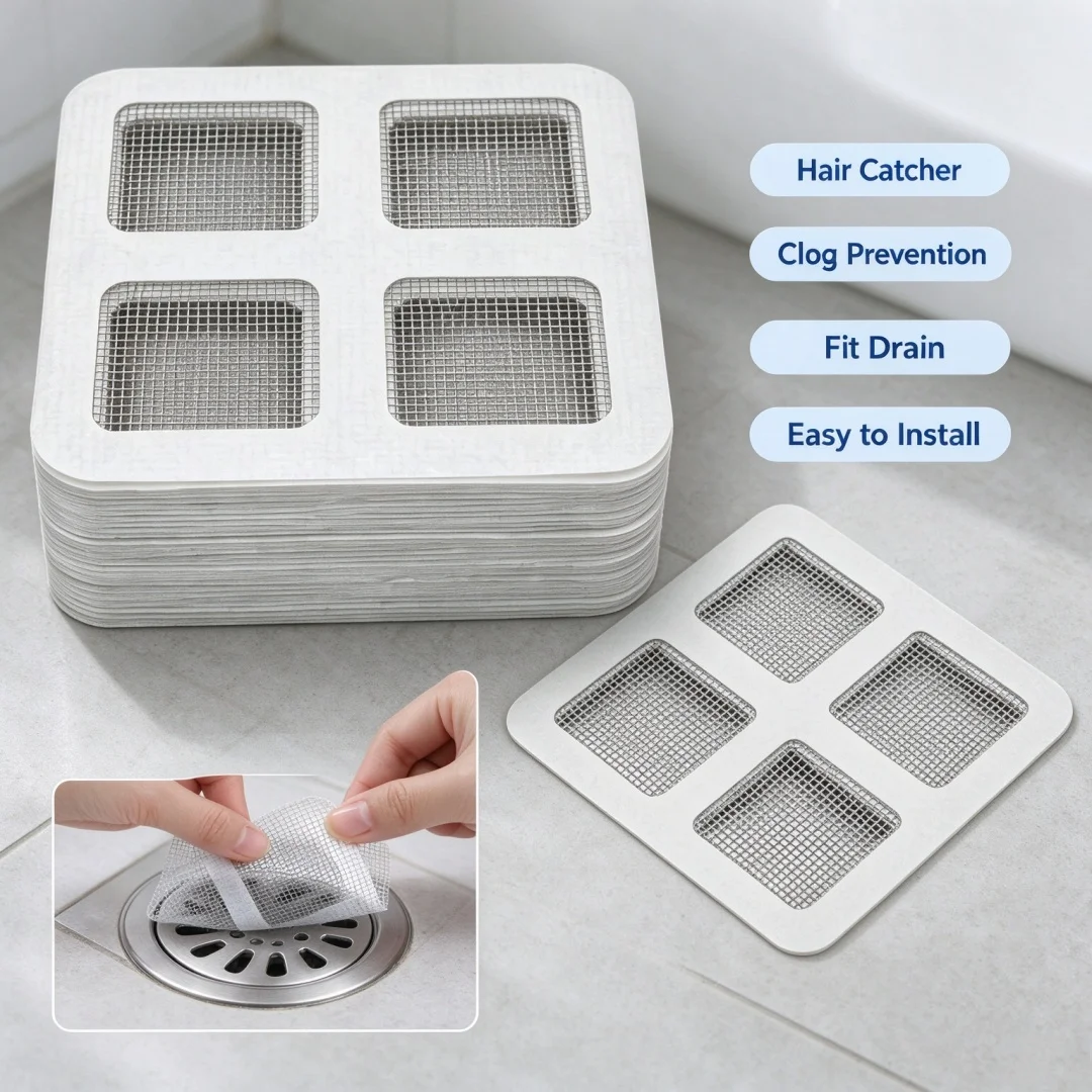 Disposable filter sticker，mesh cover locks hair in water flow，suitable for flat bathtubs，bathrooms，and laundry drainage pipes