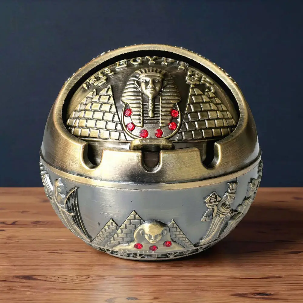 Vintage Style Metal Ashtray Egyptian Pattern Covered Desktop Ornament Practical Home Decor Gift For Office Smoking Area