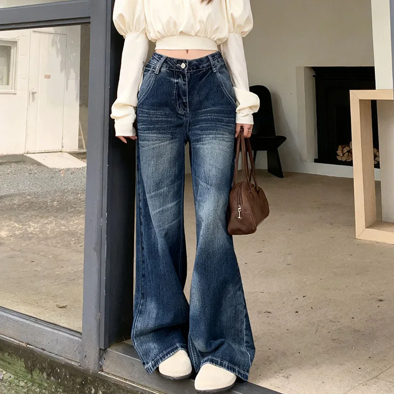 

Women's Y2K Dongdaemun Vintage Wash Denim Pants Autumn 2025 Relaxed Straight Leg Draped Floor-Length Trousers