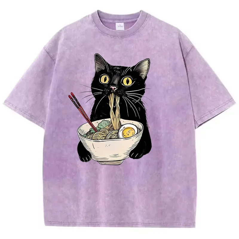 2026 Unisex Hip Hop T Shirt Vintage Washed 100% Cotton T-Shirt Black Retro Cat Eating Ramen Graphic Tee Casual Streetwear