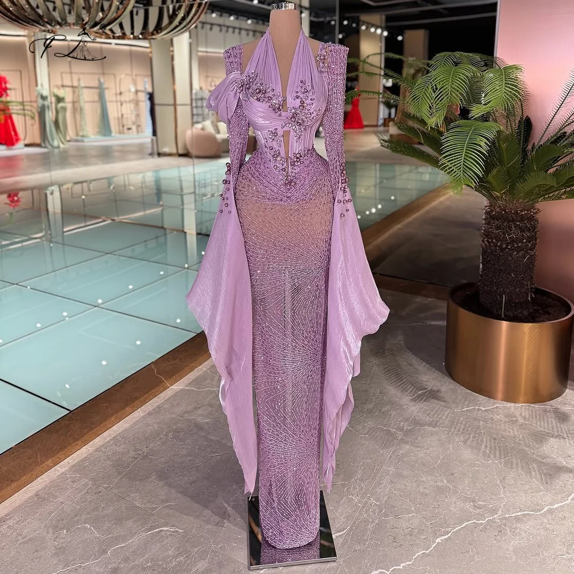 

Mermaid evening dress design long trumpet sleeves halter neck beaded evening dress crystal purple ball gown wedding party dress