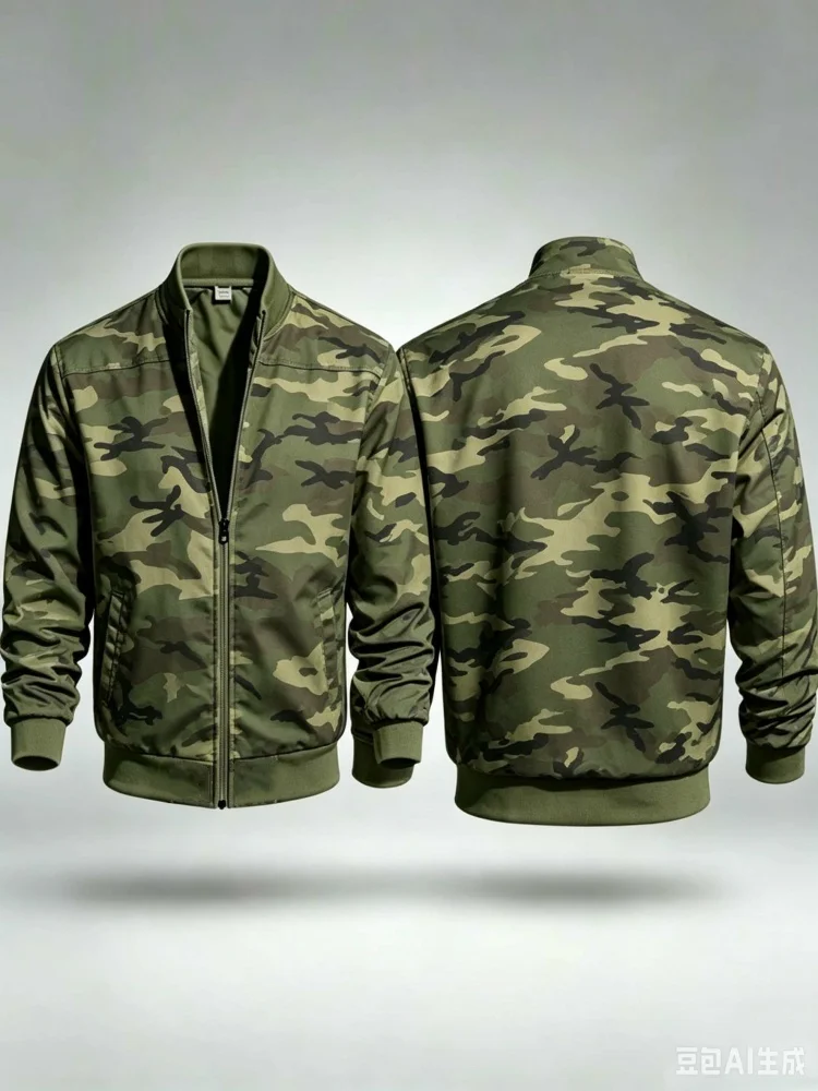 Men Slim Stand Collar Zip Bomber Jacket With Pockets Camouflage Print Outdoor Casual Coat
