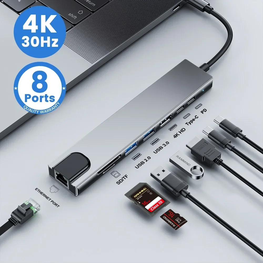 Image of RAMMIND Typ-C Dockingstation mit 4K HDMI 8-in-1 USB-C Hub Multiport-Adapter, 100W PD-Ladung, RJ45 Ethernet, USB 3.0/2.0