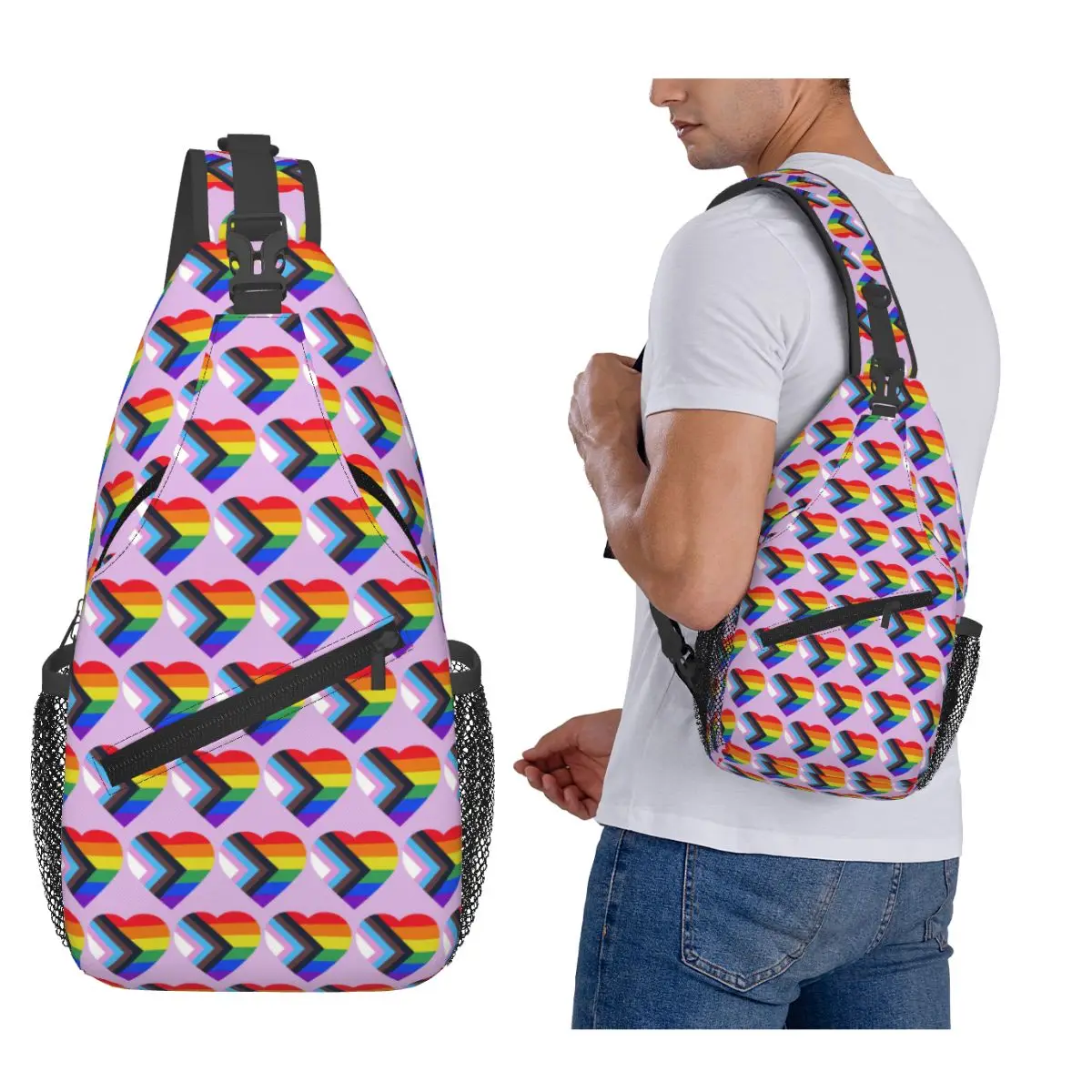 Progress Pride Flag Heart Chest Bag Men Sling Crossbody Backpack Chest Bag Traveling Hiking Daypack Shoulder Bag