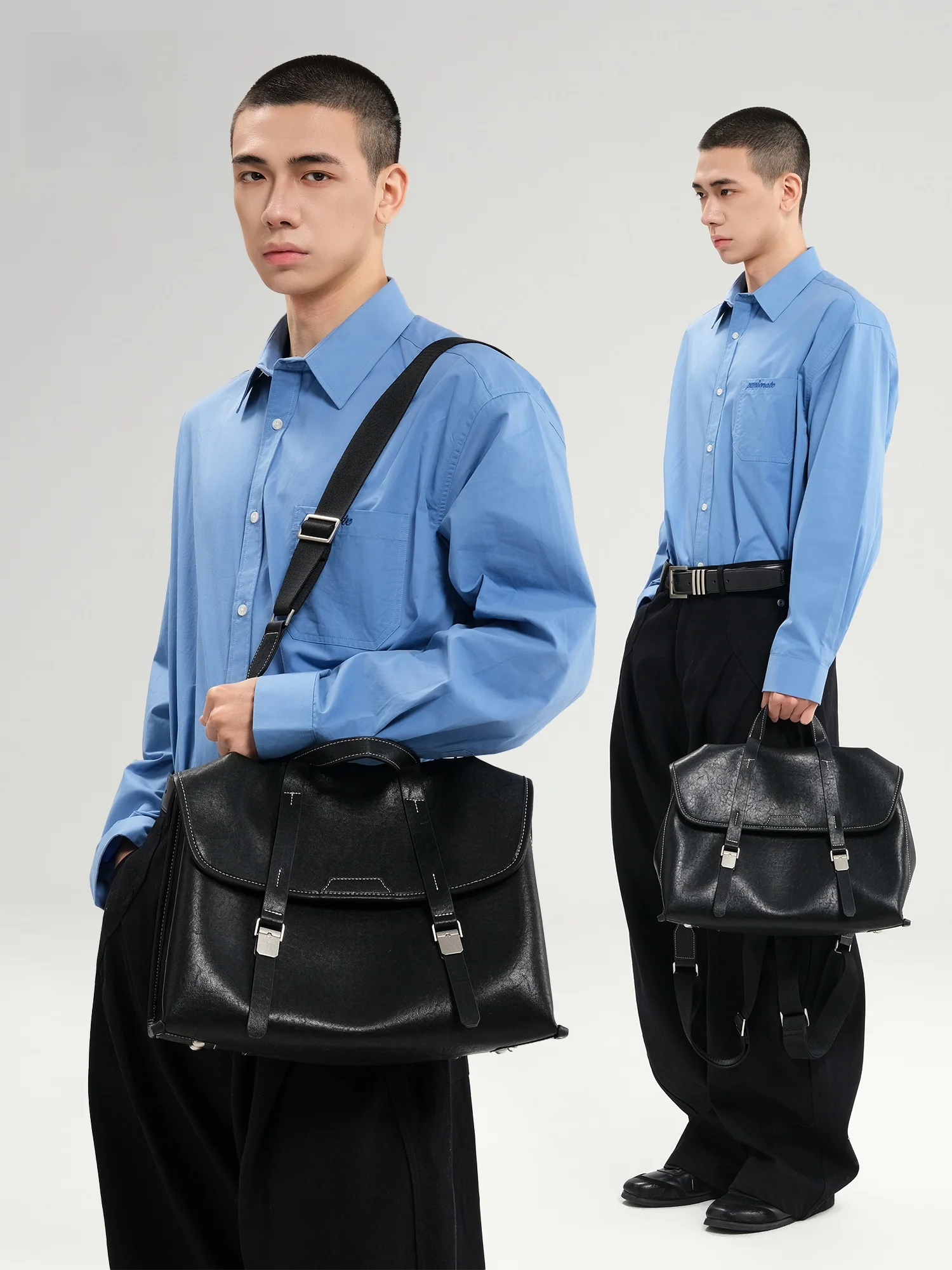 Vintage Style Genuine Leather Double Shoulder Bag Unisex Commuter Business Backpack Multi-Function Crossbody Bag